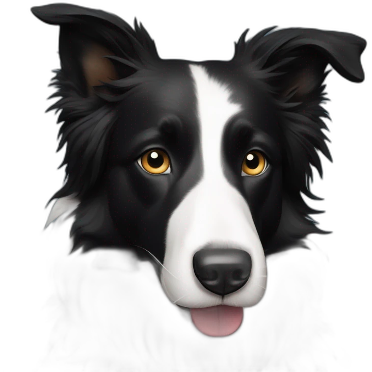 A black and white border collie with an skewed to the left white spot on his head chewing on iPad cord emoji