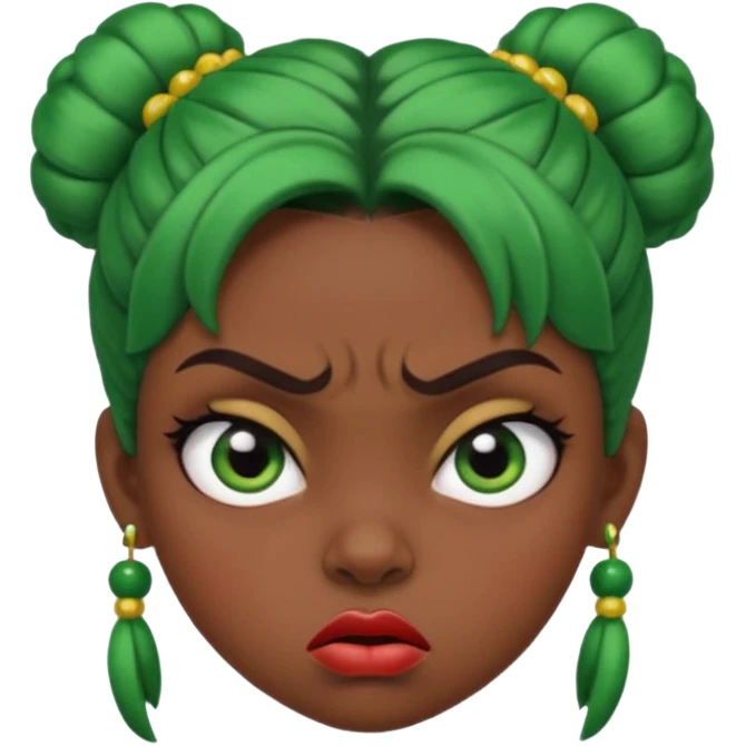Create a 3D cartoon-style girl character with dark skin, round face, angry expression, big wide eyes, and tightly styled double buns made of green beaded hair. The girl should look irritated, eyebrows sharply angled, and lips pressed in a frown. emoji