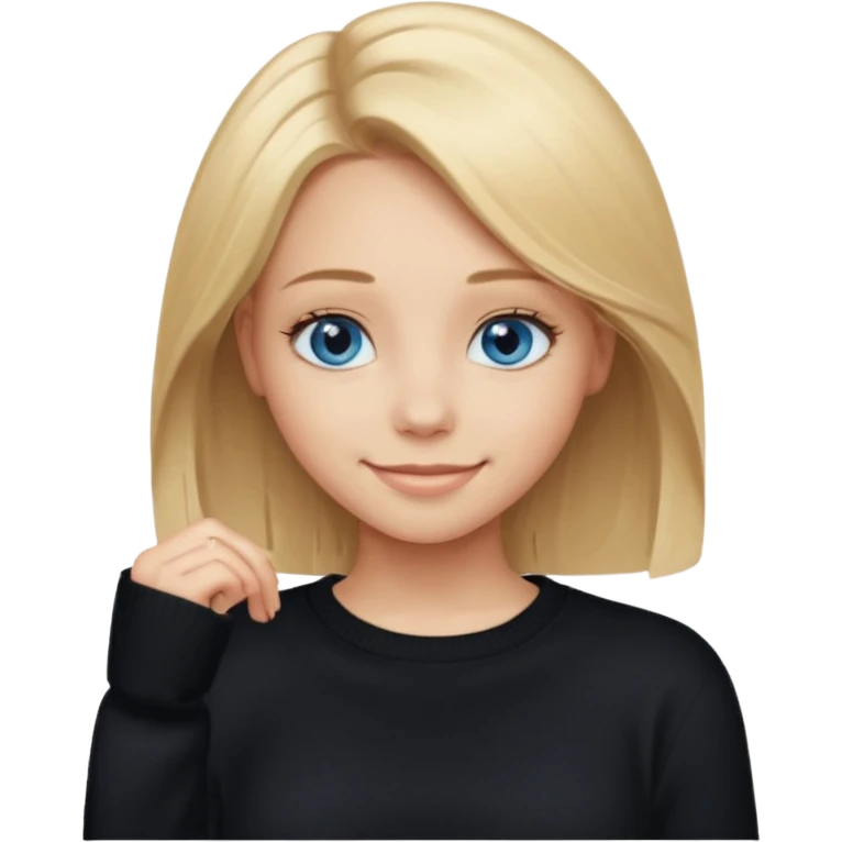 a new character a girl with shoulder length blonde hair wearing black clothes and wearing a cheeky smile she has blue eyes her black sweater has an emo style badge remove the badge and instead add the words special emoji