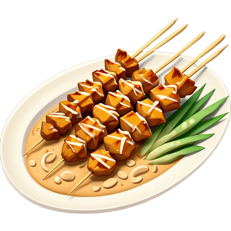 Cinematic Realistic Indonesian Chicken Satay Dish Emoji, depicted as succulent, marinated chicken skewers grilled to perfection with a subtle char, drizzled generously with a rich, creamy peanut sauce that glistens under warm, natural lighting. The vibrant textures of the tender meat and smooth, spicy sauce evoke the authentic flavors of Indonesian street food, rendered with lifelike detail and dynamic, appetizing lighting. emoji