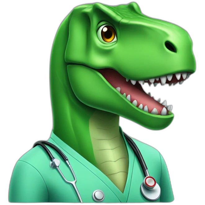 green t-rex head in medical uniform without stetoscope and black glasses emoji