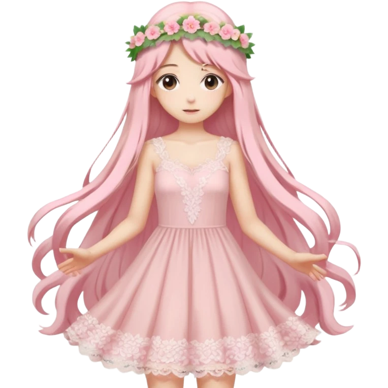 pastel anime woman with pink and white lace dress full body and long hair with flower crown emoji
