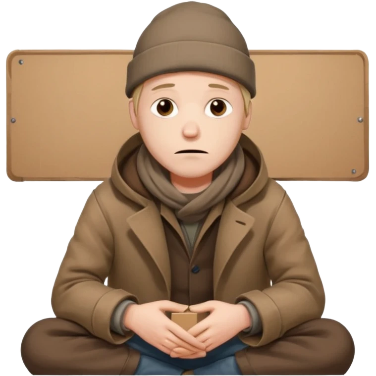 A tired homeless man wearing a worn brown coat and beanie, sitting quietly with a cardboard sign in his hands.
 emoji