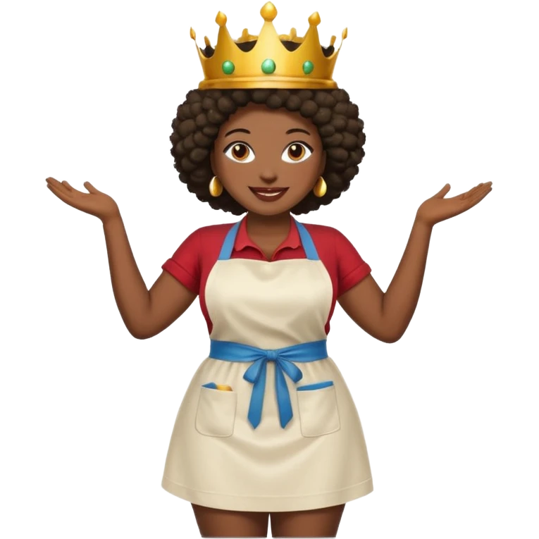 Mujer curvy afro, con piernas gordas y vestimenta cómoda, usando delantal,con una corona sobre su cabeza y sonrisa contagiosa.  emoji