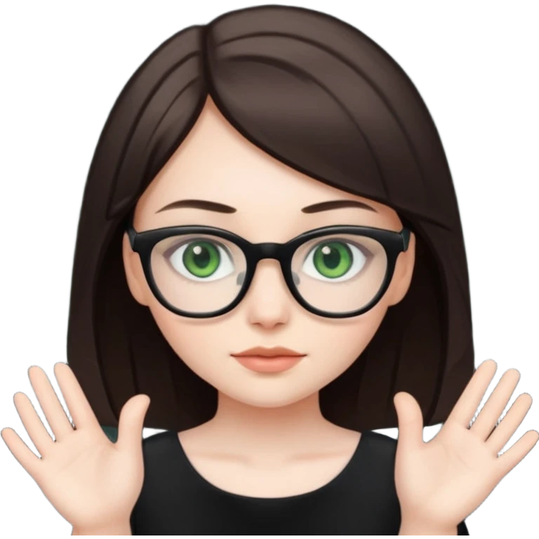 a cute white brunette girl with green eyes in a black dress wearing glasses  with two hands  emoji