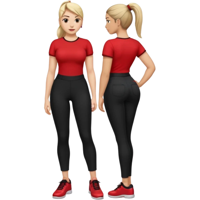 A smiley yellow emoji (like 😊) with a ponytail, red shirt, big breasts, black pants, ass and red shoes emoji