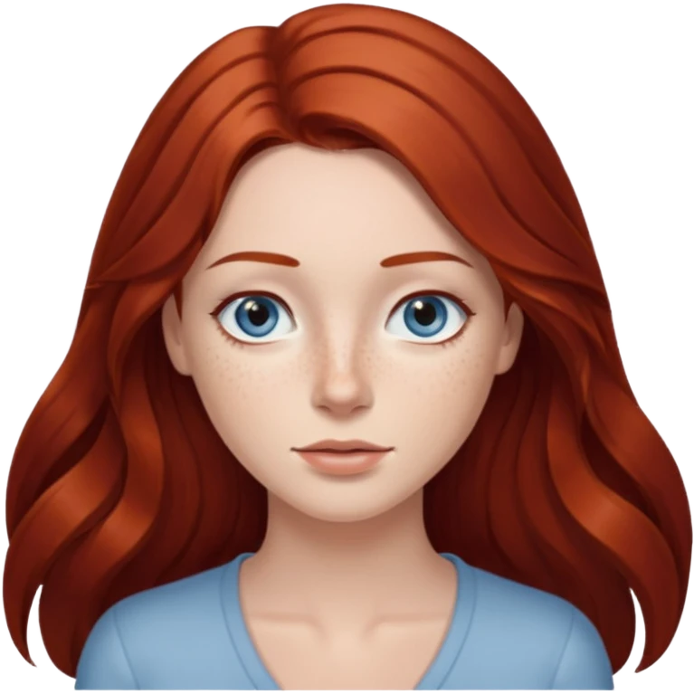 woman with long dark auburn red hair that is mostly straight but has slight waves to it. grey blue eyes. some freckles emoji