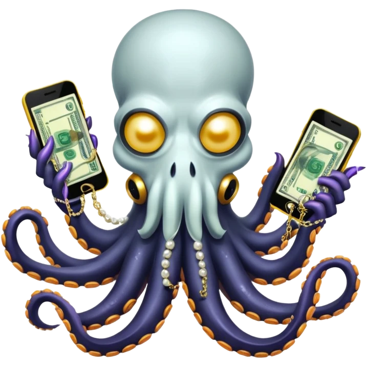 Intimidating octopus with pearl black skin, neon suction cups. Evil glaring eyes. Wearing white face mask and thick gold chain. 2 tentacles are holding their own cellphone, 2 more tentacles are holding stacks of money. emoji