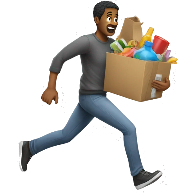 a man collects a bunch of things and runs emoji