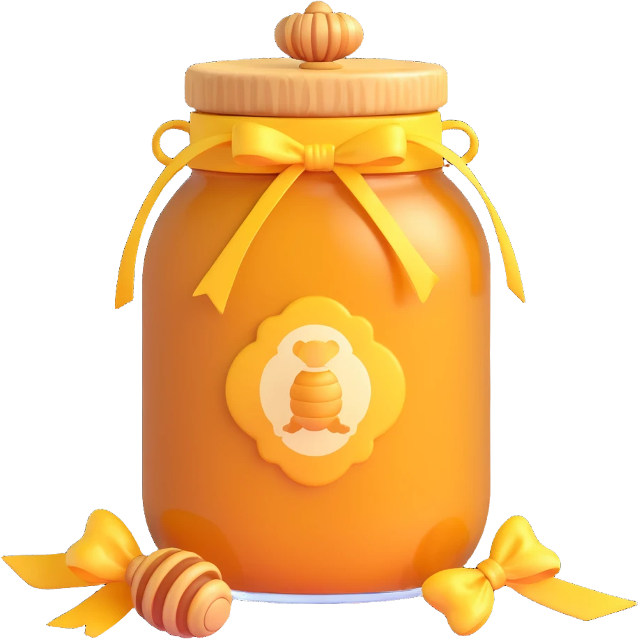 3D emoji style honey jar, with a ribbon tied around the neck, golden honey, simple and expressive emoji