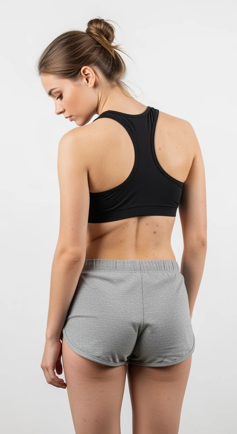 donna giovane DI SPALLE con cellulite buchi di cellulite e ritenzione in gym short leggermente piegata in avanti, con espressione dispiaciuta in volto isolata su sfondo bianco emoji