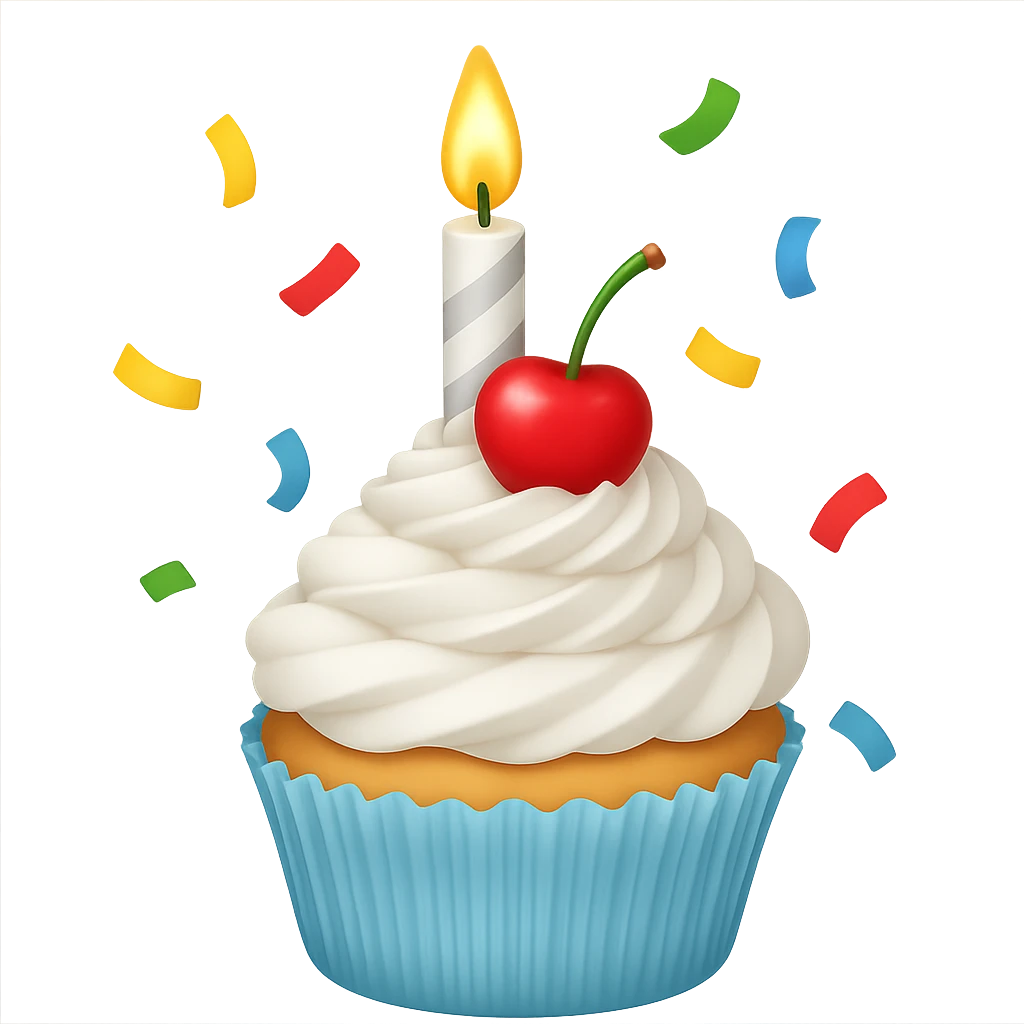 Make this a birthday cupcake with a candle and confetti, keeping the white color and apple emoji style. Remove the background. emoji