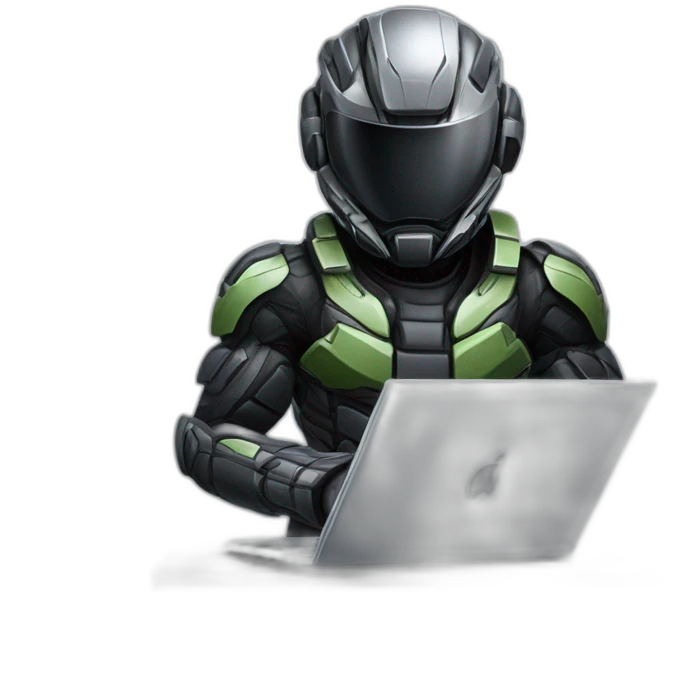 developer behind his laptop with this style : Crytek Crysis Video game with nanosuit hacker themed character emoji
