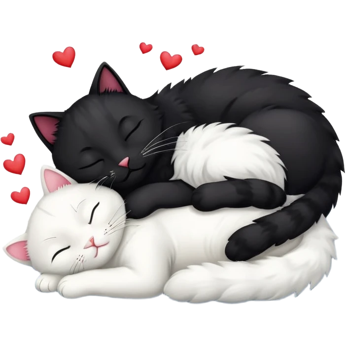 Big black cat is sleeping with a small white cat with hearts above emoji