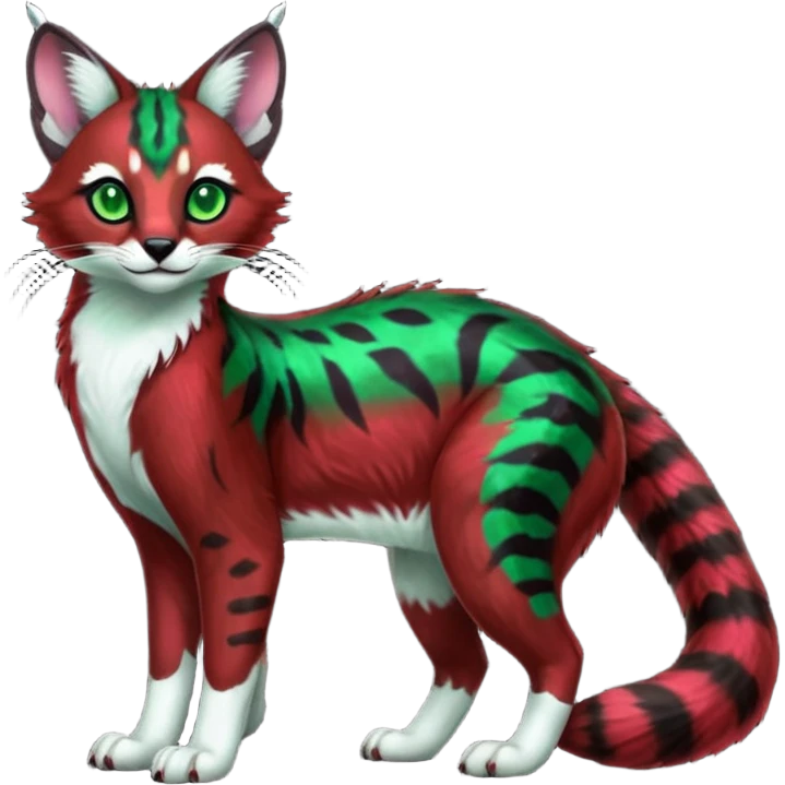 Colorful dark tropical sanguine-red, black, white fur, with green eyes, iridescent glorious divine exotic cute cool beautiful shiny beautiful fantasy-caracal-civet-genet-sergal-vernid-Cacomistle-oncilla-animal-Fakémon-hybrid-fursona with pattern markings (full body) emoji