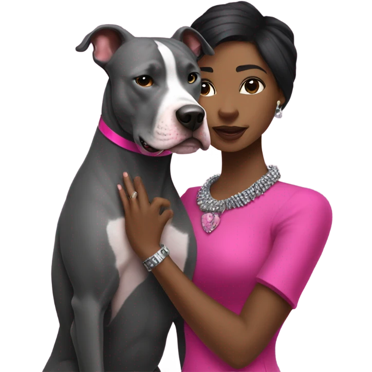 Black lady with black hair wearing hot pink dress hugging large gray pitbull with spiked pink collar emoji
