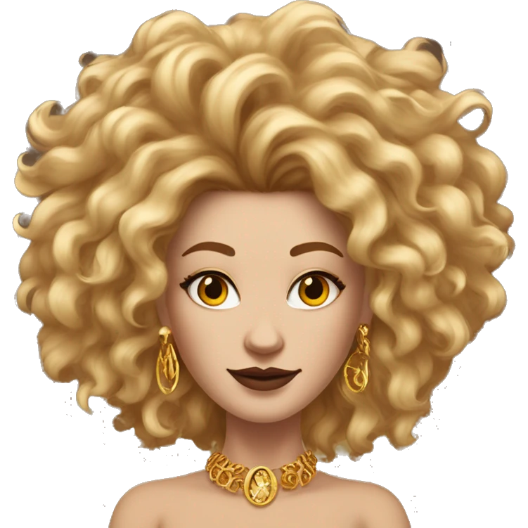 Create an emoji of a confident white woman with voluminous lion-like hair, bold makeup, and gold jewelry, embodying the Leo zodiac sign with a regal expression and fiery energy. emoji