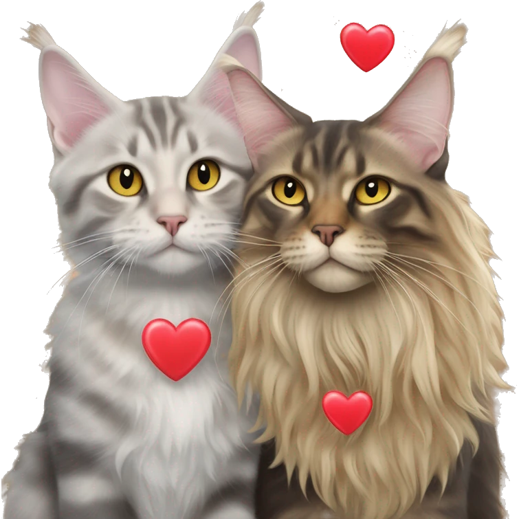 A Maine coon and a sphinx cat of different colours kissing with one love heart in front   emoji