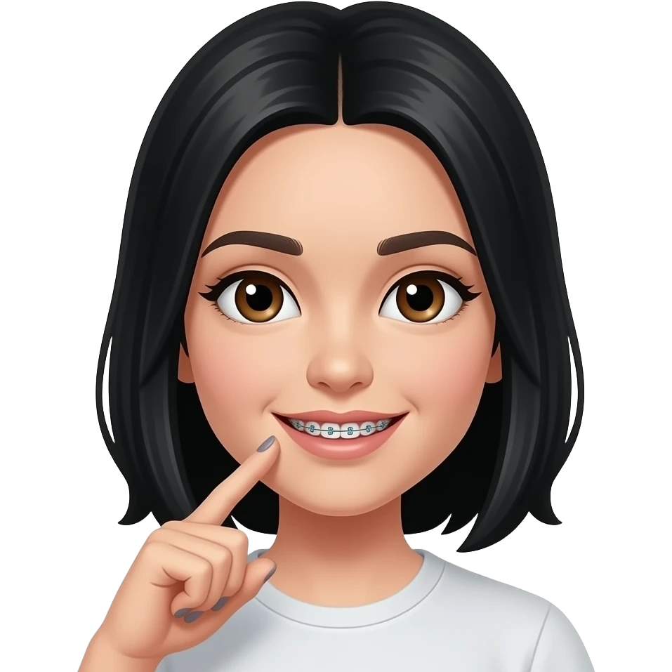 Make a white girl with black hair and brown eyes and nails and braces emoji