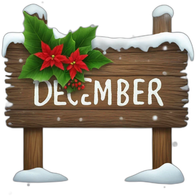 Wood sign with inscription december and poinsettia with snow on sign  emoji