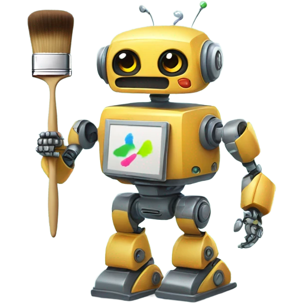 cute robot holds a palette with paints and a brush emoji
