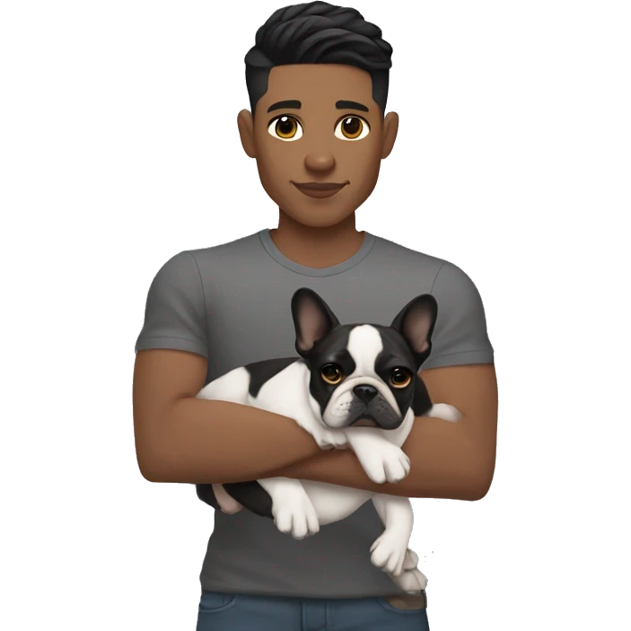 athletic light skin male with short black fade hairstyle holding a french bulldog emoji