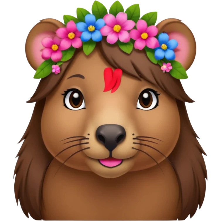 capybara with faka eye lashes and make up on - bright lipstick and eye make up - long brown hair, flowers in her hair

 emoji