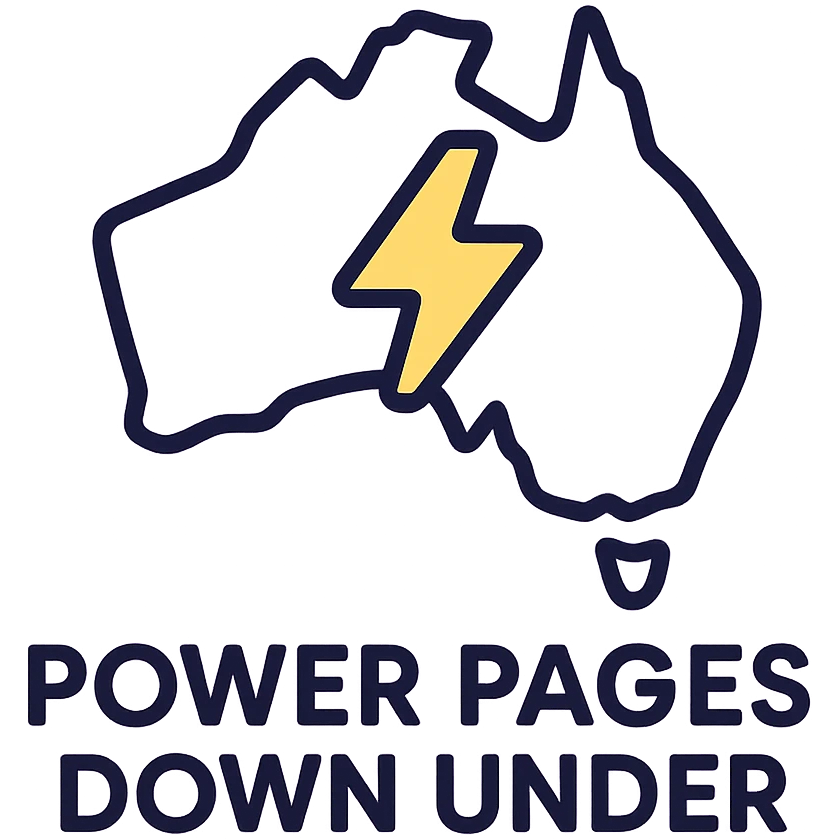clean modern icon of the map of Australia with no thick border, text 'Power Pages Down Under' below, designed for use on a purple background, main colors #403DAD and vibrant purple, accent #fff7ad, no Power Pages icon, no digital web overlay emoji