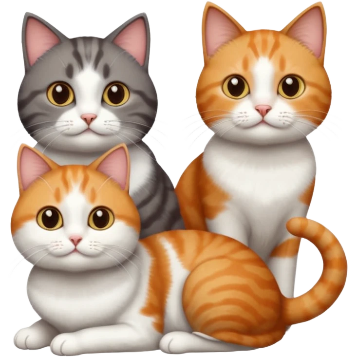 3 different coloured short haired cats including; a dark brown tabby and white cat, and a dark grey and white and a ginger and white emoji