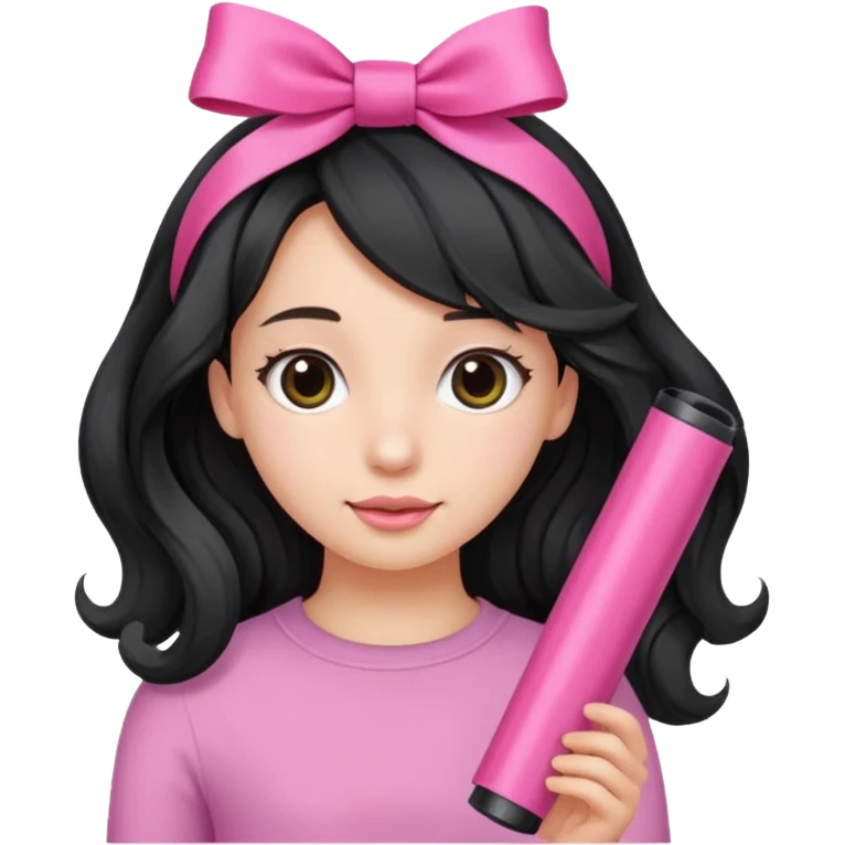 Girl with black wavy not so long hair and a ribbon hair clip make it look like wearing a pink tube emoji