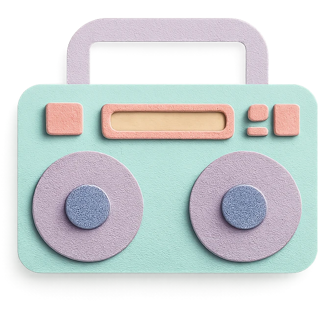 small portable boombox in paper-craft style with pastel colors and simple design emoji