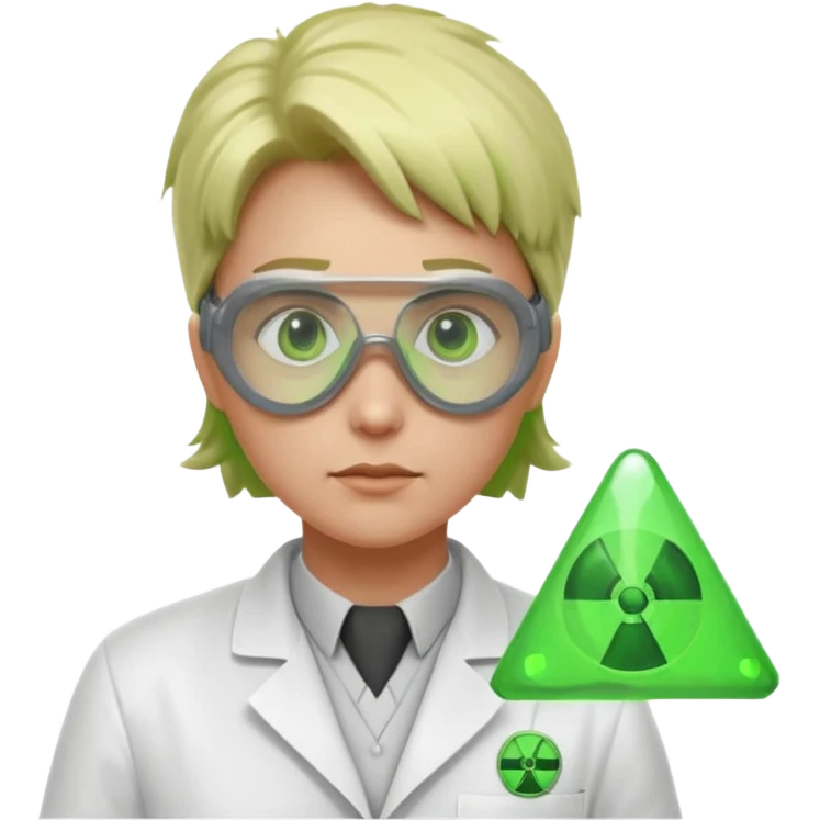 nuclear scientist portrait, head and shoulders only, wearing lab coat collar, protective goggles, glowing green radiation symbol badge, serious expression, sci-fi laboratory vibe, 3D cartoon, mobile game icon style, clean background, no text, no watermark
 emoji