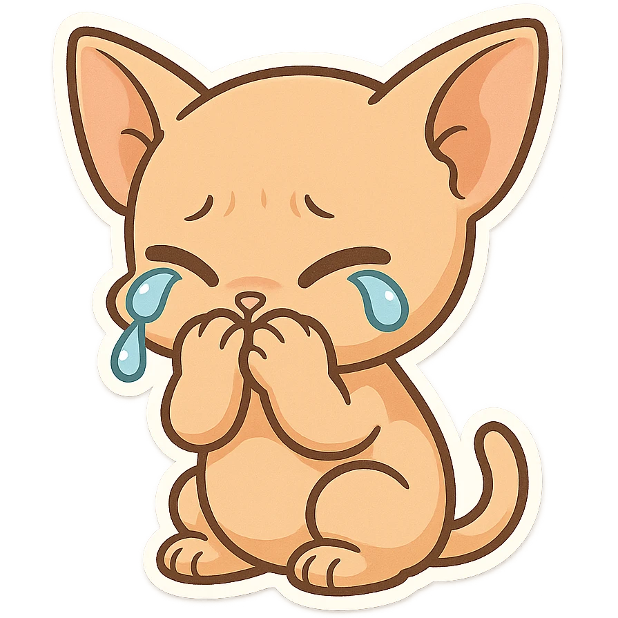 A bald orange cat with no hair on its head. The kitten is crying with its paws covering its mouth emoji