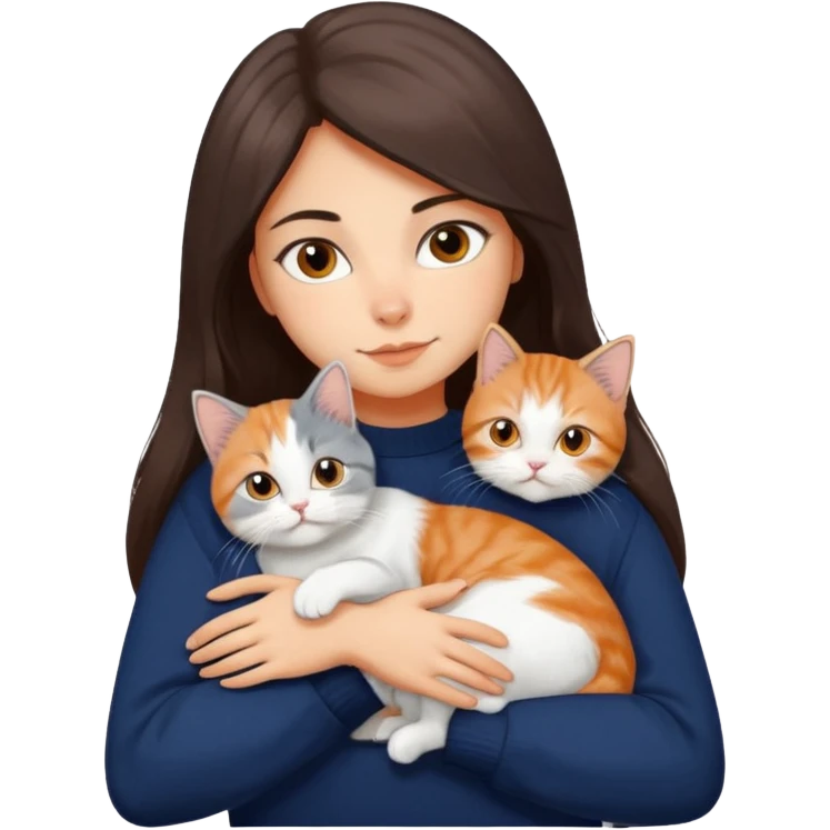 a girl with long dark brown hair, in a navy sweater, hugs a persian peaknose grey cat and persian peaknose orange and white kitten and a persion peaknose brown tabby and white cat emoji
