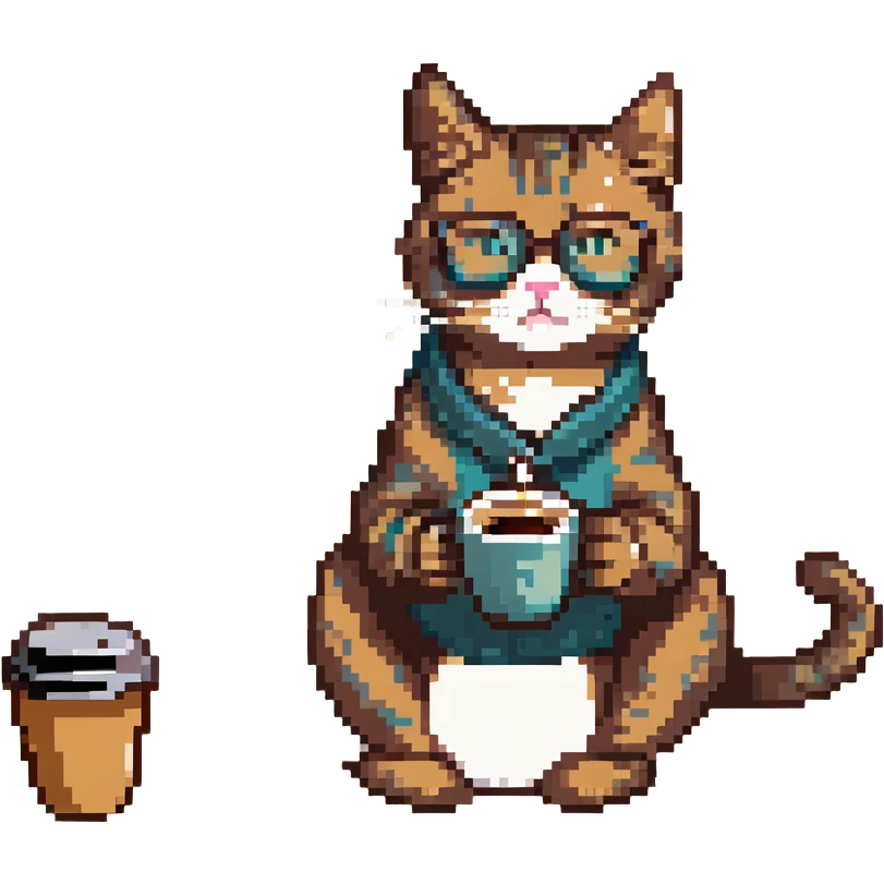 a cat wearing glasses and drinking coffee sitting at the beach emoji
