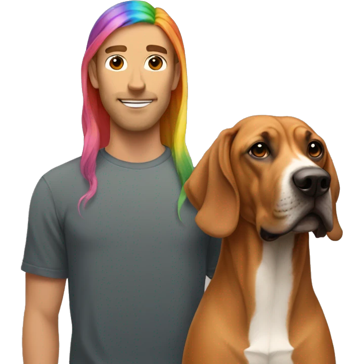 white male with long rainbow colored hair standing alongside a brown rhodesian ridgeback emoji