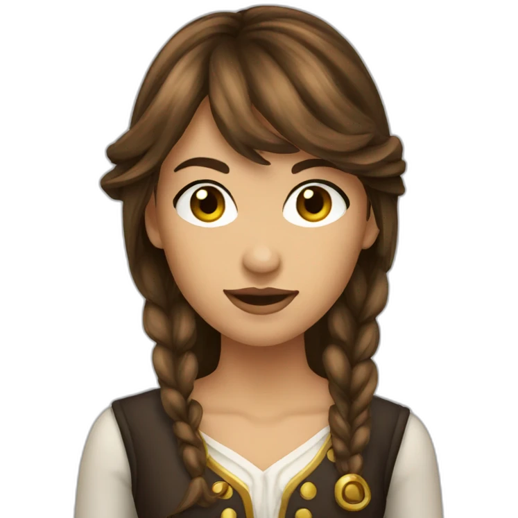 beautiful woman long brown hair with bangs, golden eyes tan skin pirate emoji