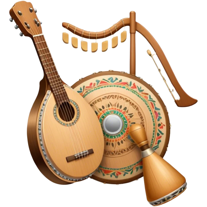 Create a warm and inviting humanless emoji representing folk singing. The design should feature a traditional microphone, perhaps with a wooden texture, symbolizing the rustic and authentic feel of folk music. Surround the microphone with subtle elements such as a hand-played tambourine, an accordion, or a balalaika to reflect the folk instruments. Add flowing musical notes to symbolize the vocal melodies. Use earthy, natural colors like browns, reds, and greens to evoke a sense of tradition, warmth, and connection to the community. The background should be transparent. emoji
