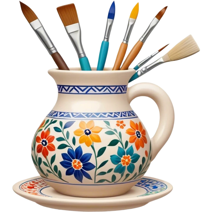 Ceramic painting icon, hand-painted ceramic plate or vase with intricate patterns, visible paintbrush, paint pots, and ceramic tools, colorful glaze, no finished artwork, just the painting process, minimalistic style, clean lines, transparent background. emoji