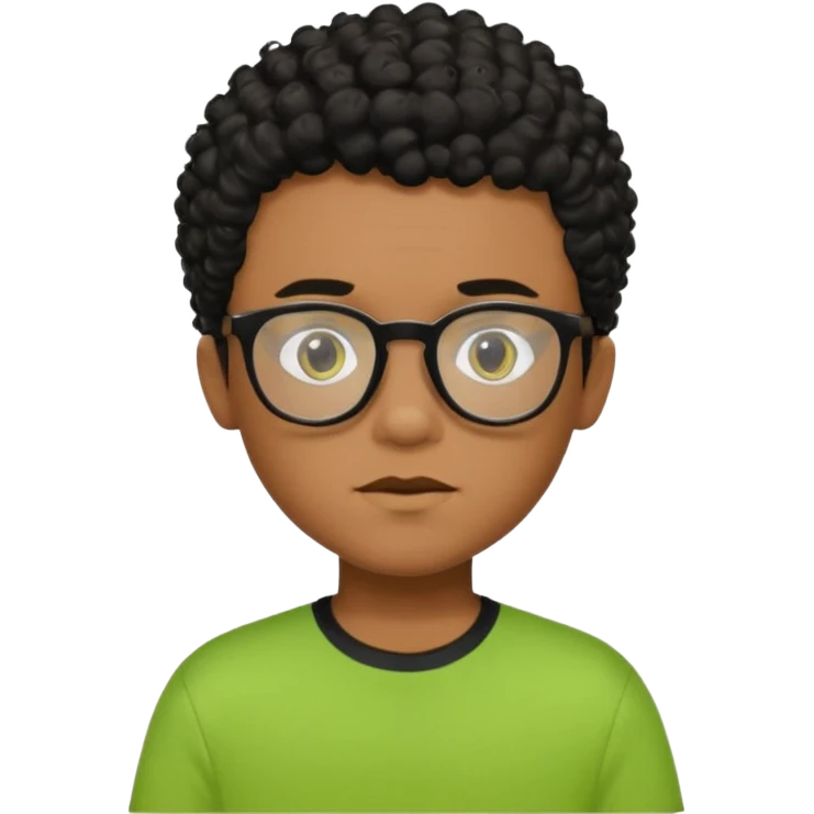 Menino pardo com cabelo curto cacheado preto raspado dos lados, de óculos preto e blusa verde e amarela emoji