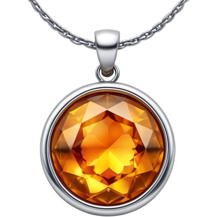 extreme close up of a round cut holographic amber charm with silver metal accent and twisted chain emoji