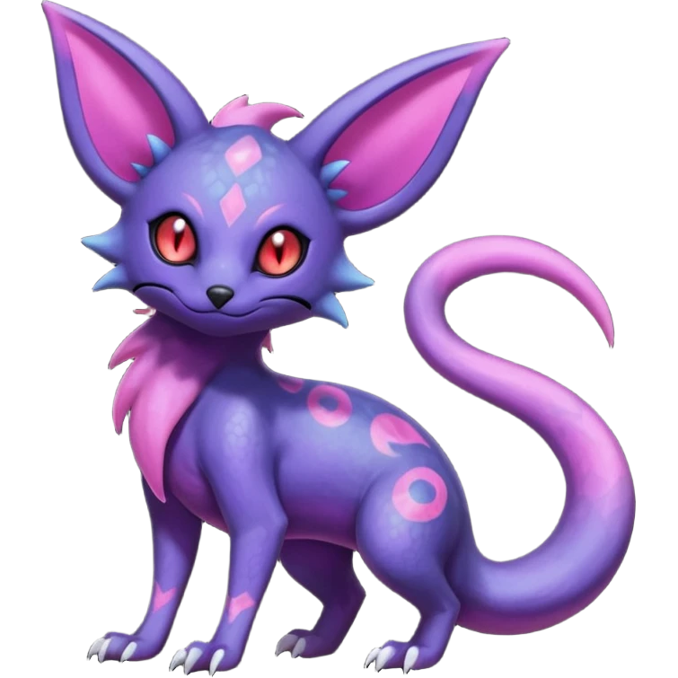 Rare epic aesthetic iridescent spooky gloomy colorful Salandit-Zorua-Espeon-Genet-species-Fakemon-hybrid-creature, with markings, full body emoji