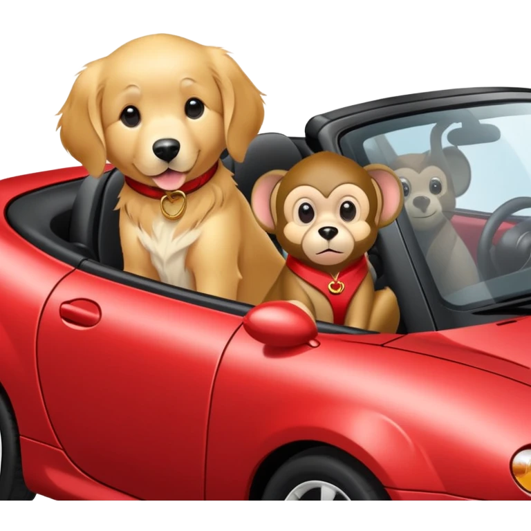 Picture a monkey playing on a red mazda miata with a golden retriever emoji