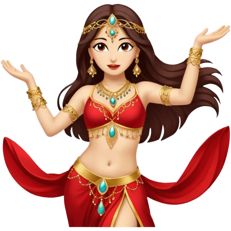 Elegant belly dancer emoji, mid-movement, wearing red and gold costume, one arm raised, flowing hair, minimal vector style, expressive and clear, transparent background. emoji