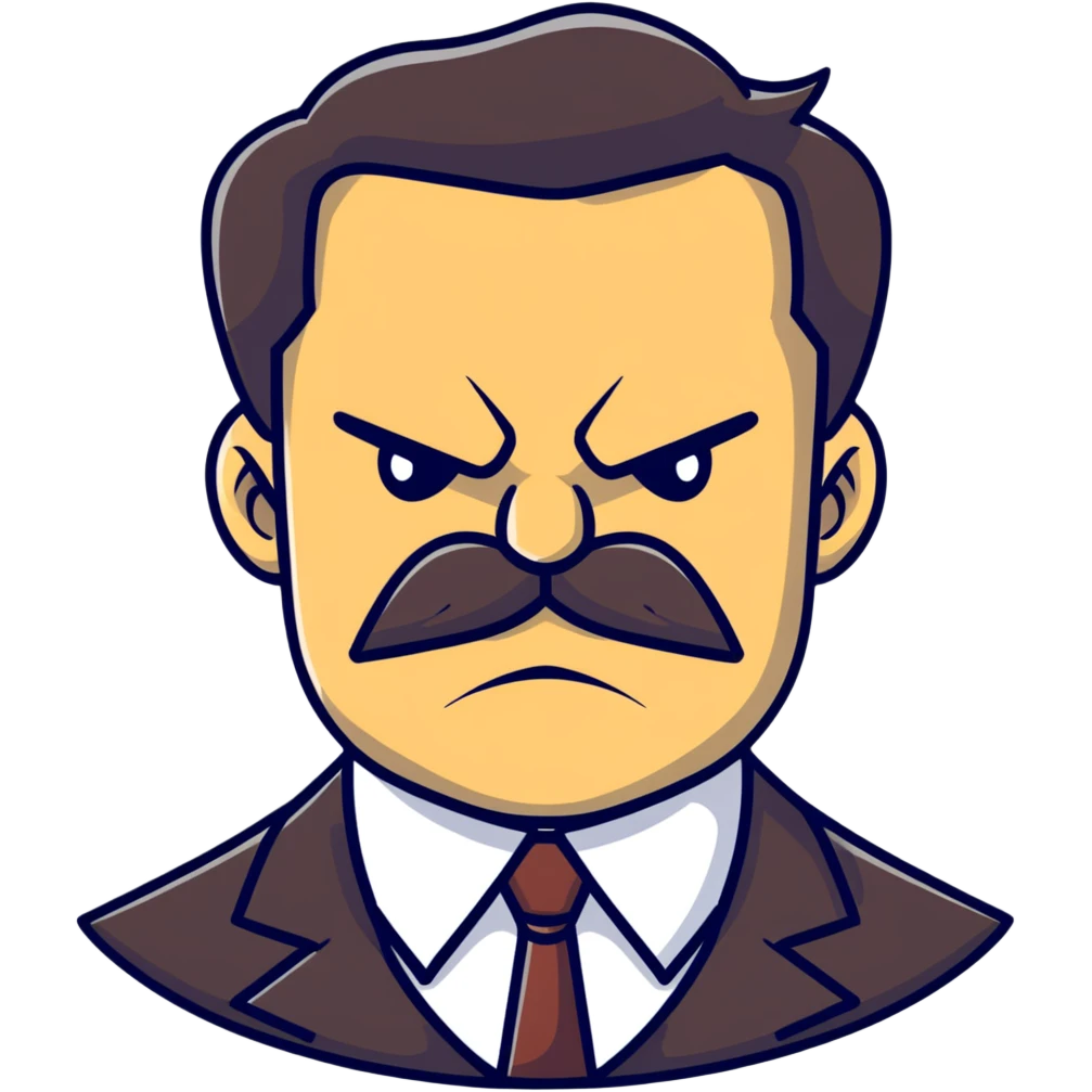 A cartoon angry boss character with a thick mustache, frowning face emoji