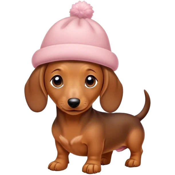 Small and tiny dachshund in cozy shoes and little pretty hat. emoji