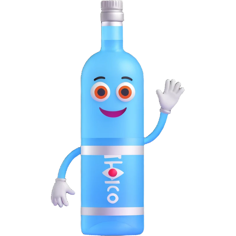 3D vodka bottle character with eyes, smile, arms and legs emoji