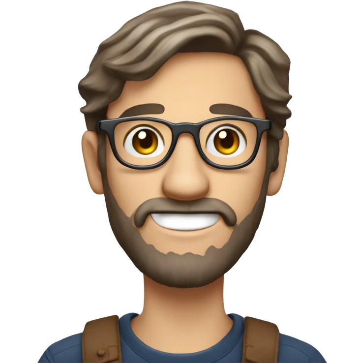 generate an emoji style image of a white beardless 20 years old man with long brown hair and round metal glasses but nerdy, holding a gadget and a phillips screwdriver emoji