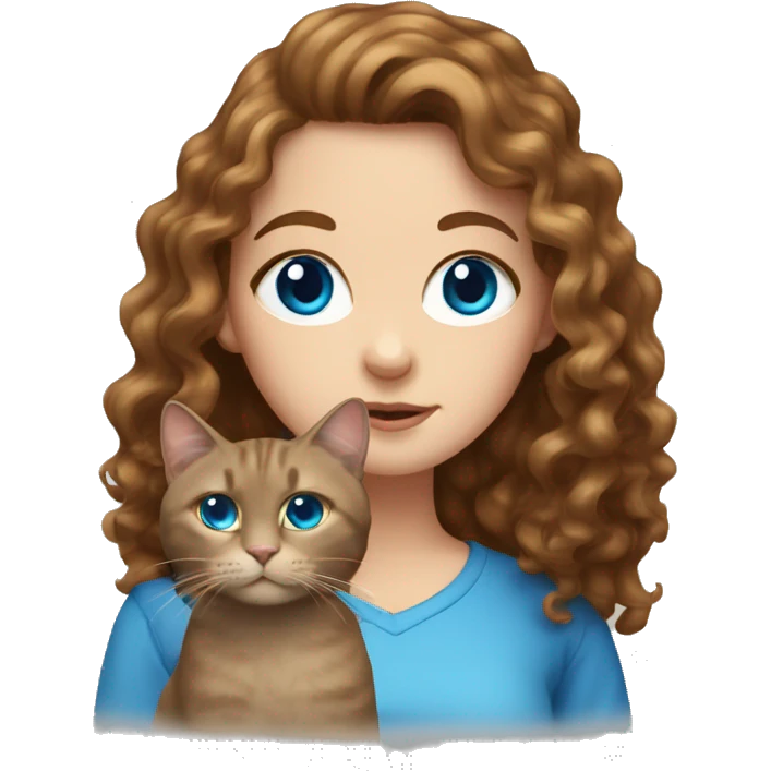 White Girl with long curly brown hair with a brown cat and blue eyes emoji