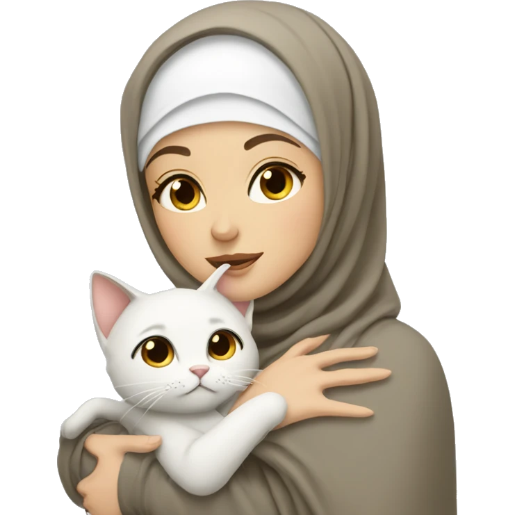 pretty white skin woman with hijab hugging a cat emoji